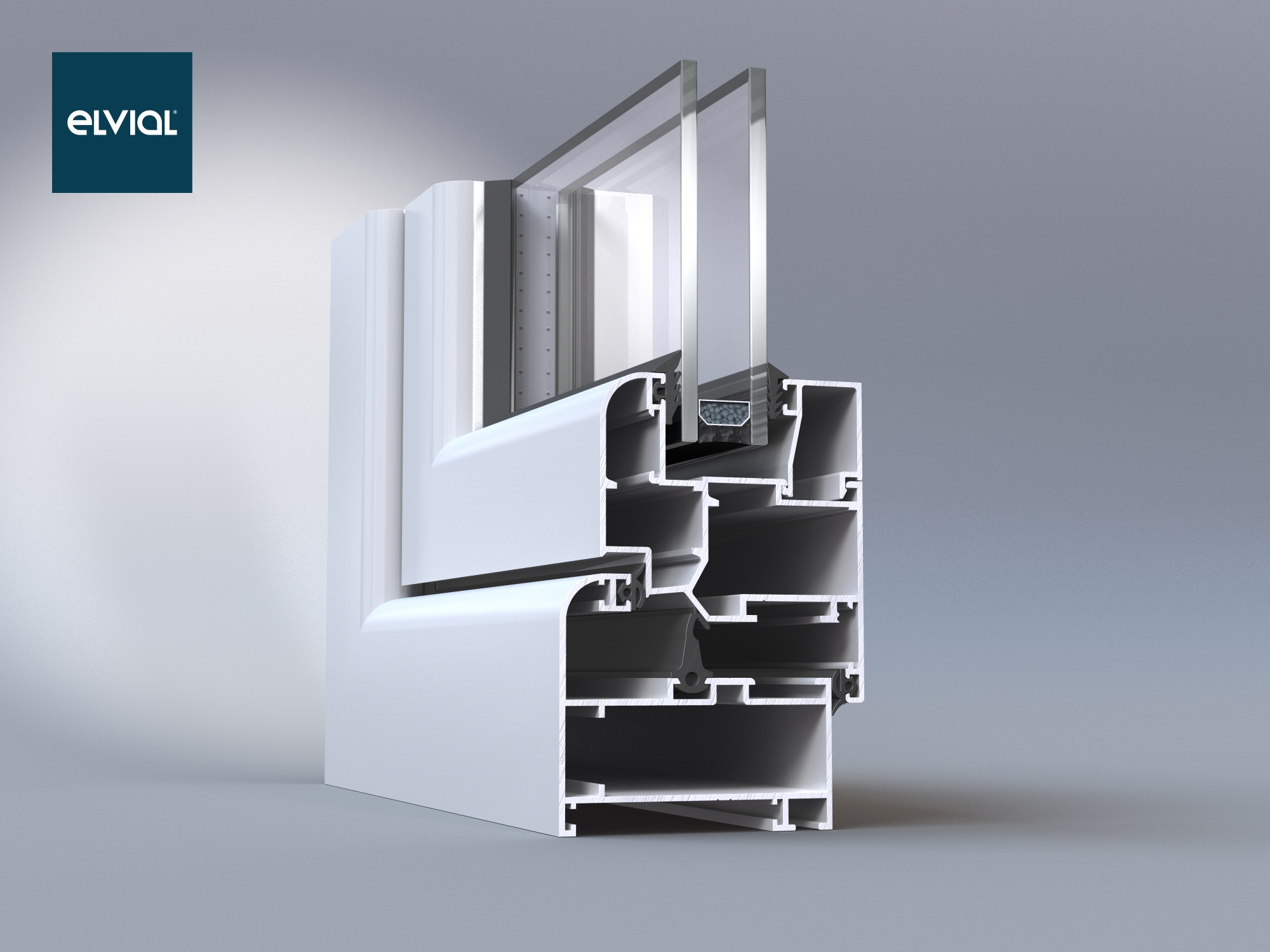 Presek aluminijumskog sistema Elvial 2000 bez termo prekida, namenjenog unutrašnjim pregradama, izlozima i objektima gde termo izolacija nije prioritet.
